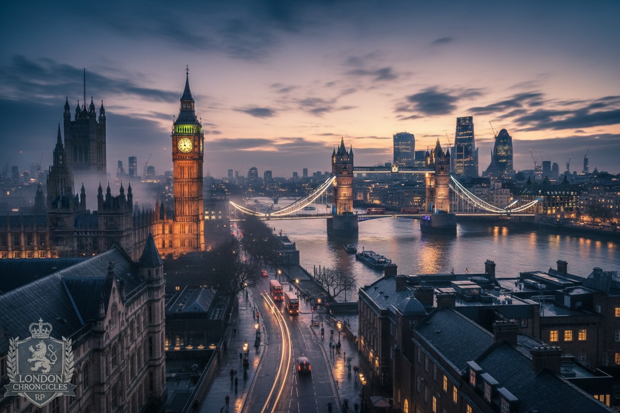 A twilight aerial view of London featuring Big Ben and Tower Bridge illuminated against a sunset sky.